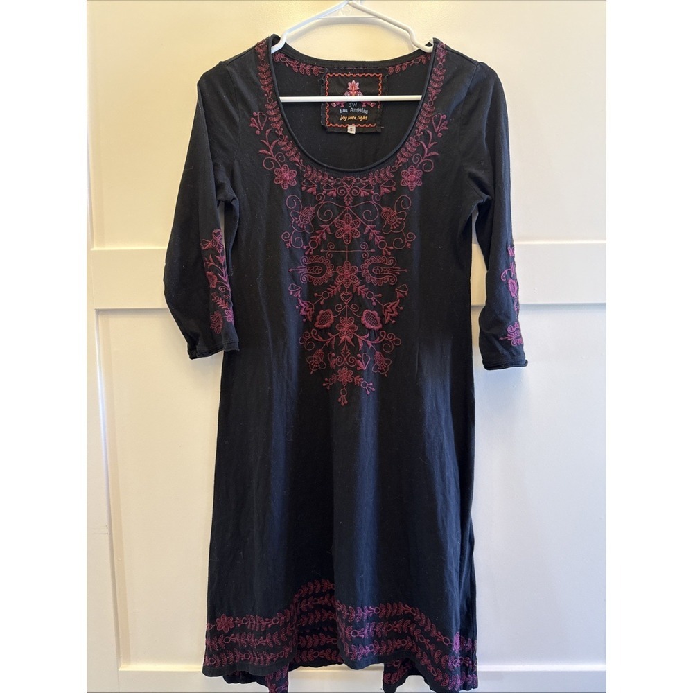 Johnny Was JW Los Angeles Dress Small Black Pink Embroidered Boho Dress